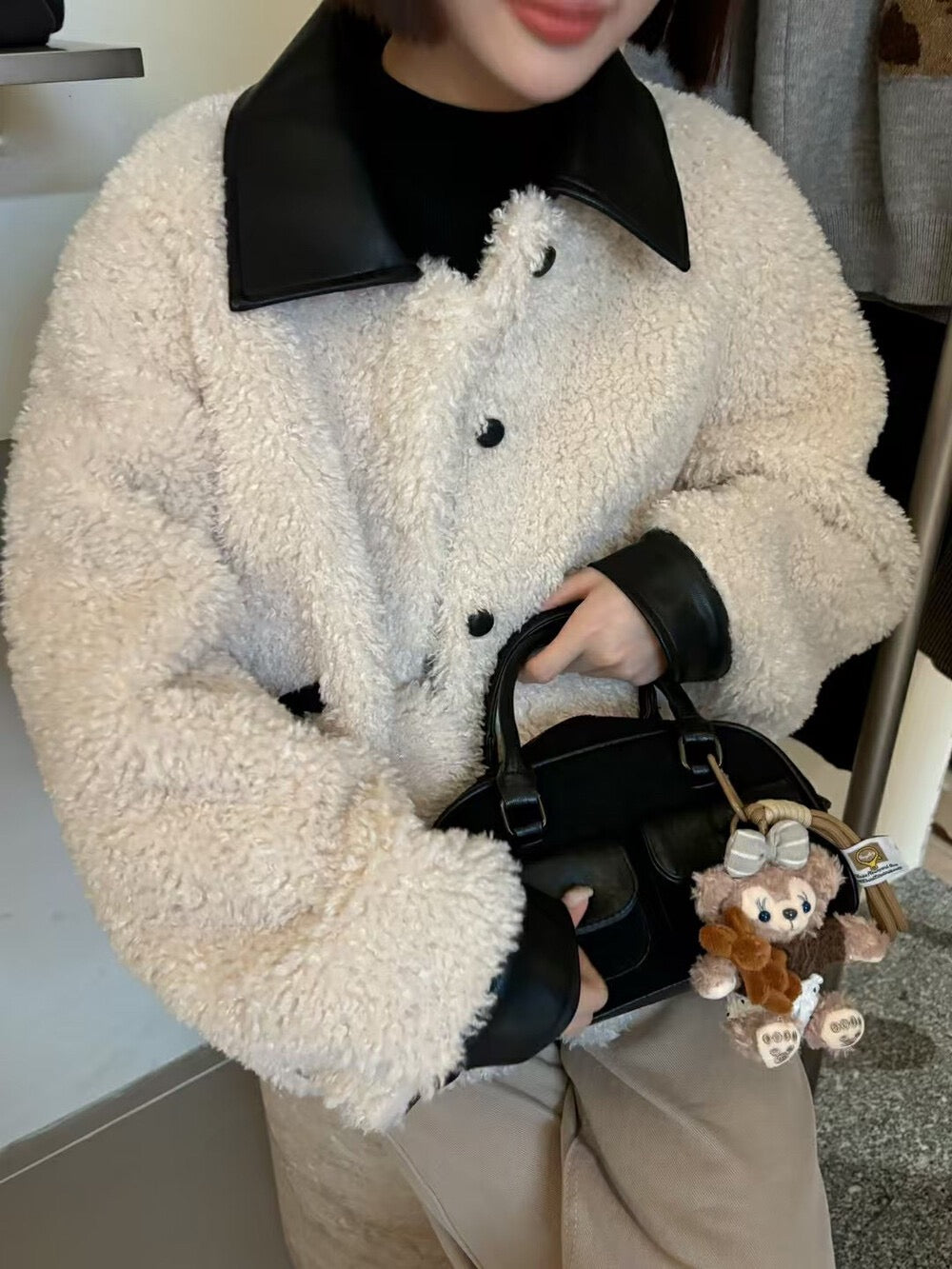 Color-blocked Turn-down Collar Single-breasted Short Jacket