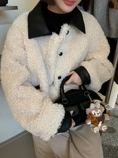 Color-blocked Turn-down Collar Single-breasted Short Jacket