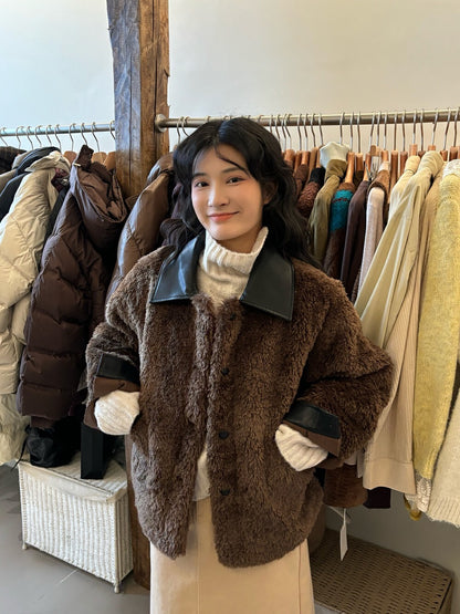 Color-blocked Turn-down Collar Single-breasted Short Jacket