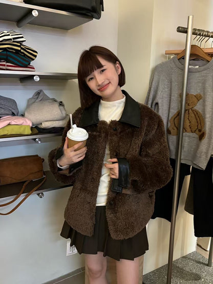 Color-blocked Turn-down Collar Single-breasted Short Jacket