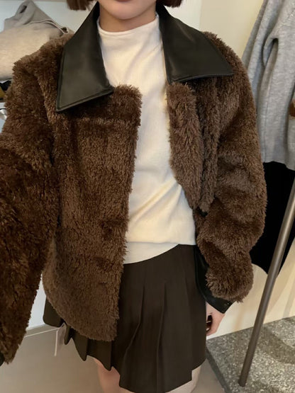 Color-blocked Turn-down Collar Single-breasted Short Jacket