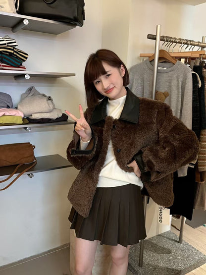 Color-blocked Turn-down Collar Single-breasted Short Jacket