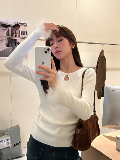 Ruffled Cut-out Fur Patchwork Top