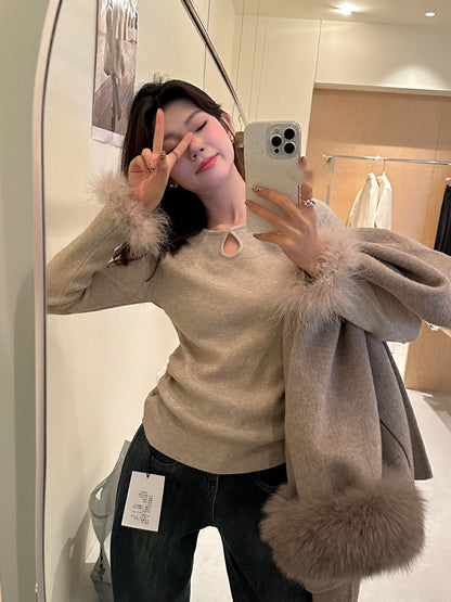 Ruffled Cut-out Fur Patchwork Top