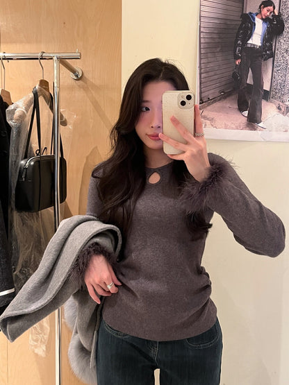 Ruffled Cut-out Fur Patchwork Top