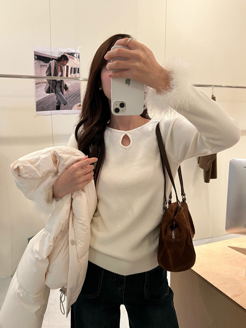 Ruffled Cut-out Fur Patchwork Top