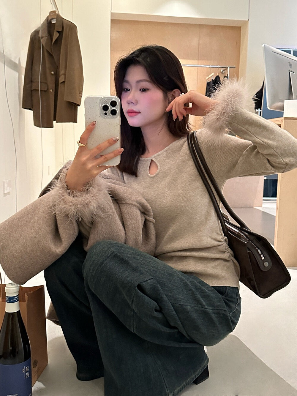 Ruffled Cut-out Fur Patchwork Top