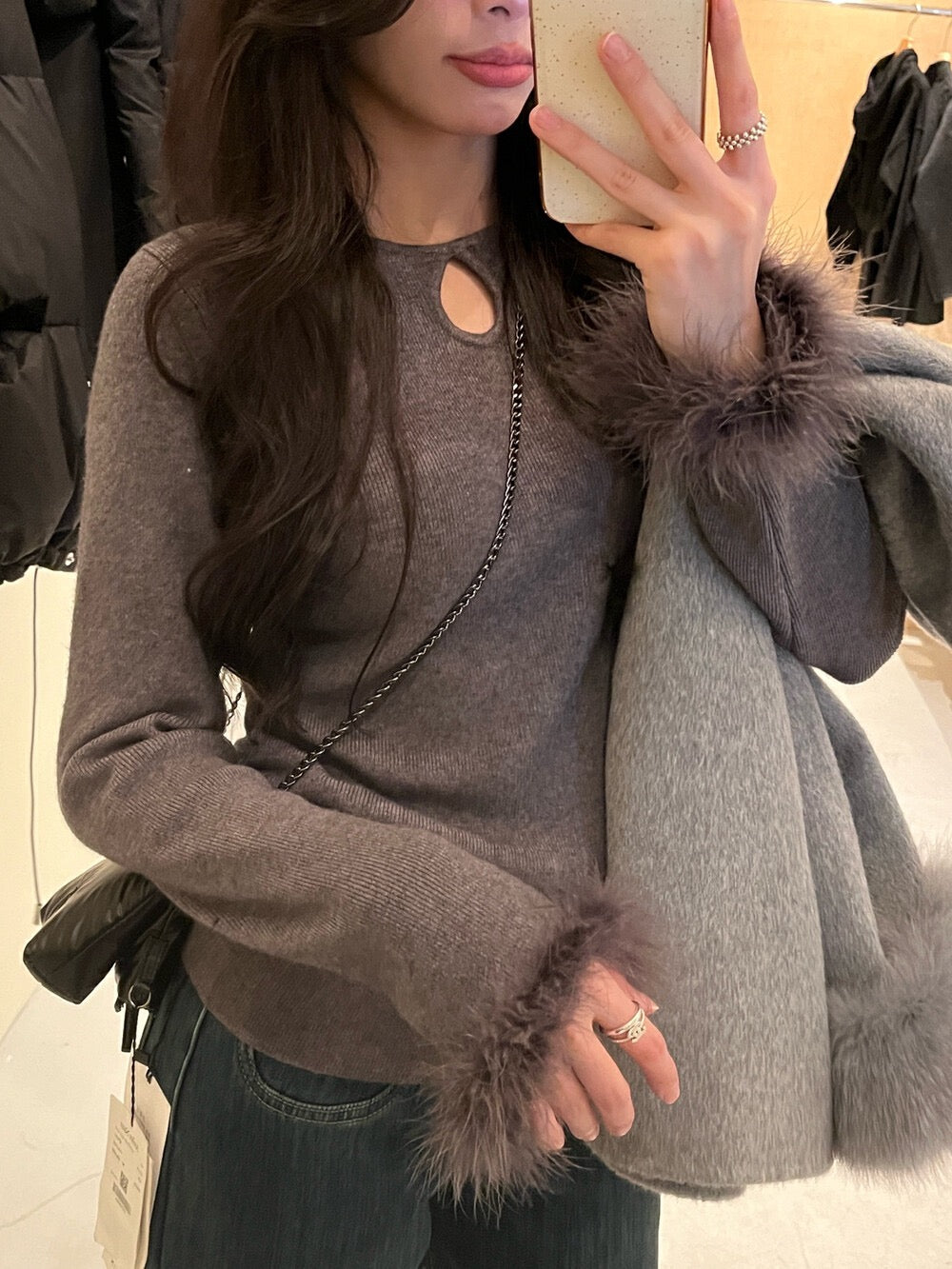 Ruffled Cut-out Fur Patchwork Top