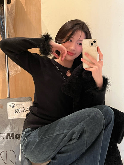 Ruffled Cut-out Fur Patchwork Top