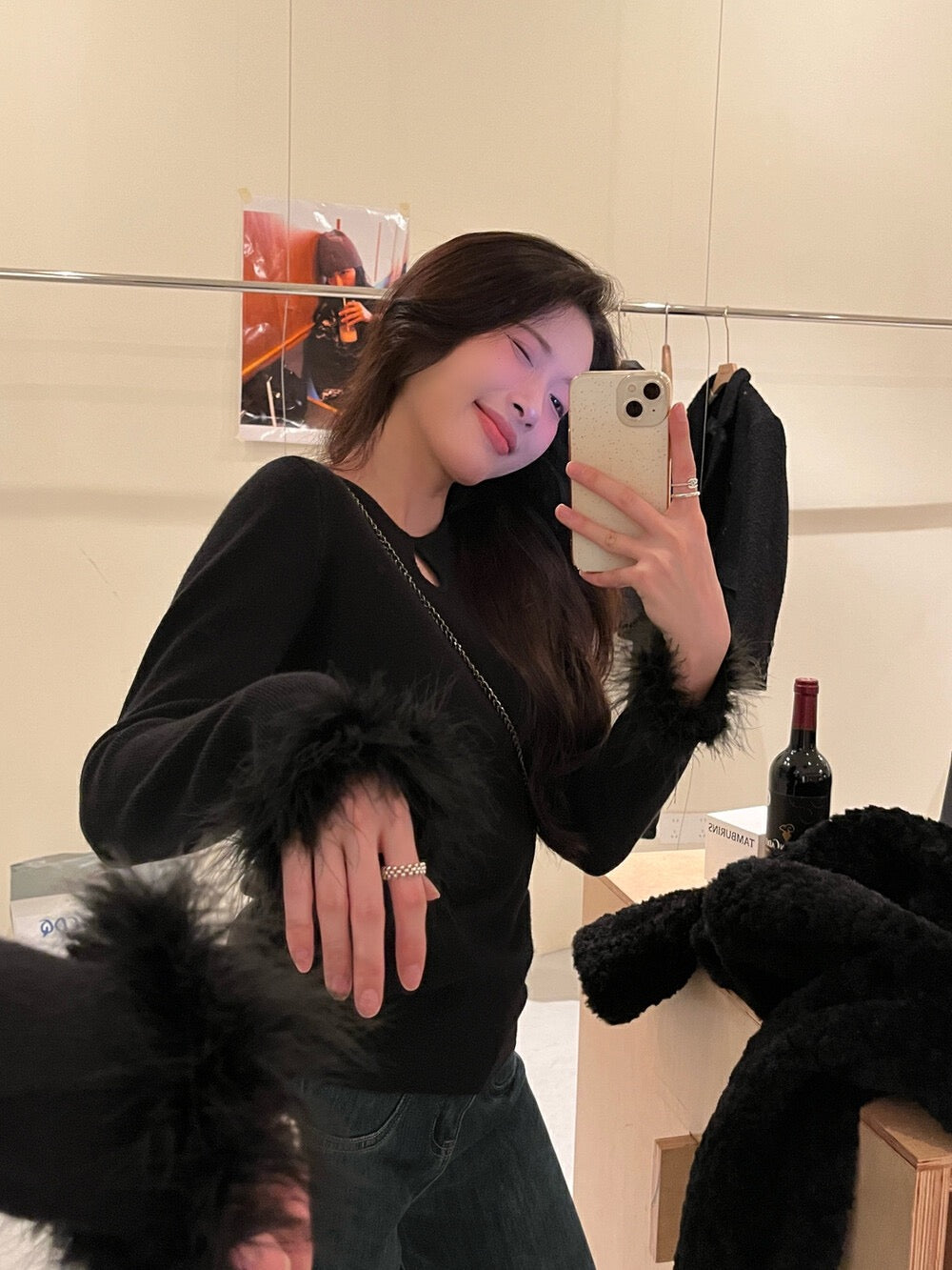 Ruffled Cut-out Fur Patchwork Top