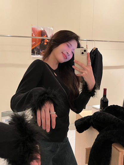 Ruffled Cut-out Fur Patchwork Top