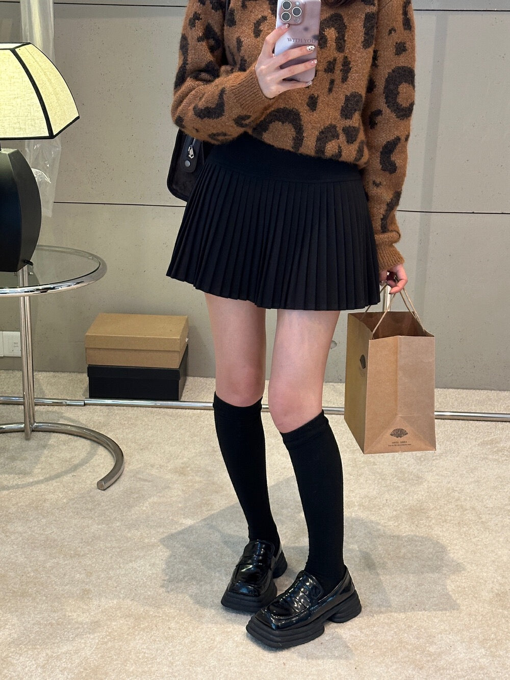 Brushed Wool Slimming Pleated Skirt