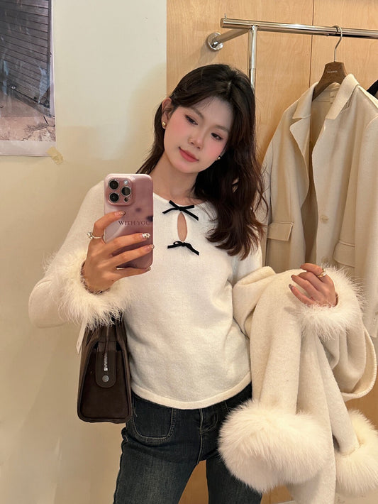Bowknot Furry Sleeve Knit Top