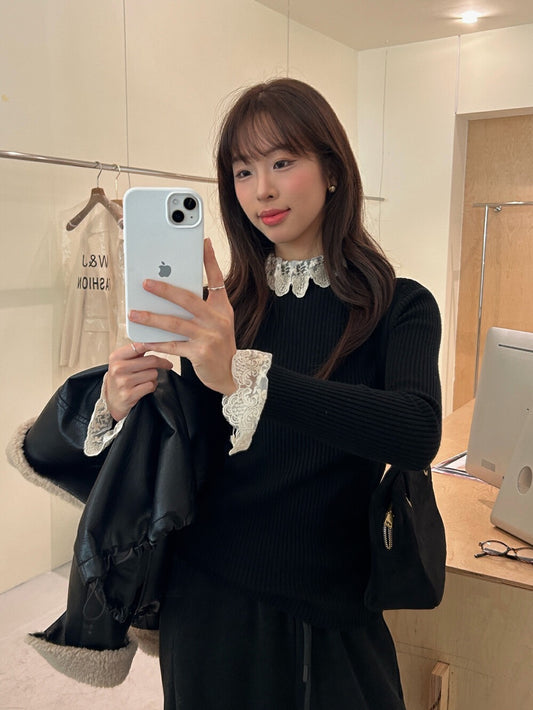 中高領蕾絲拼接top