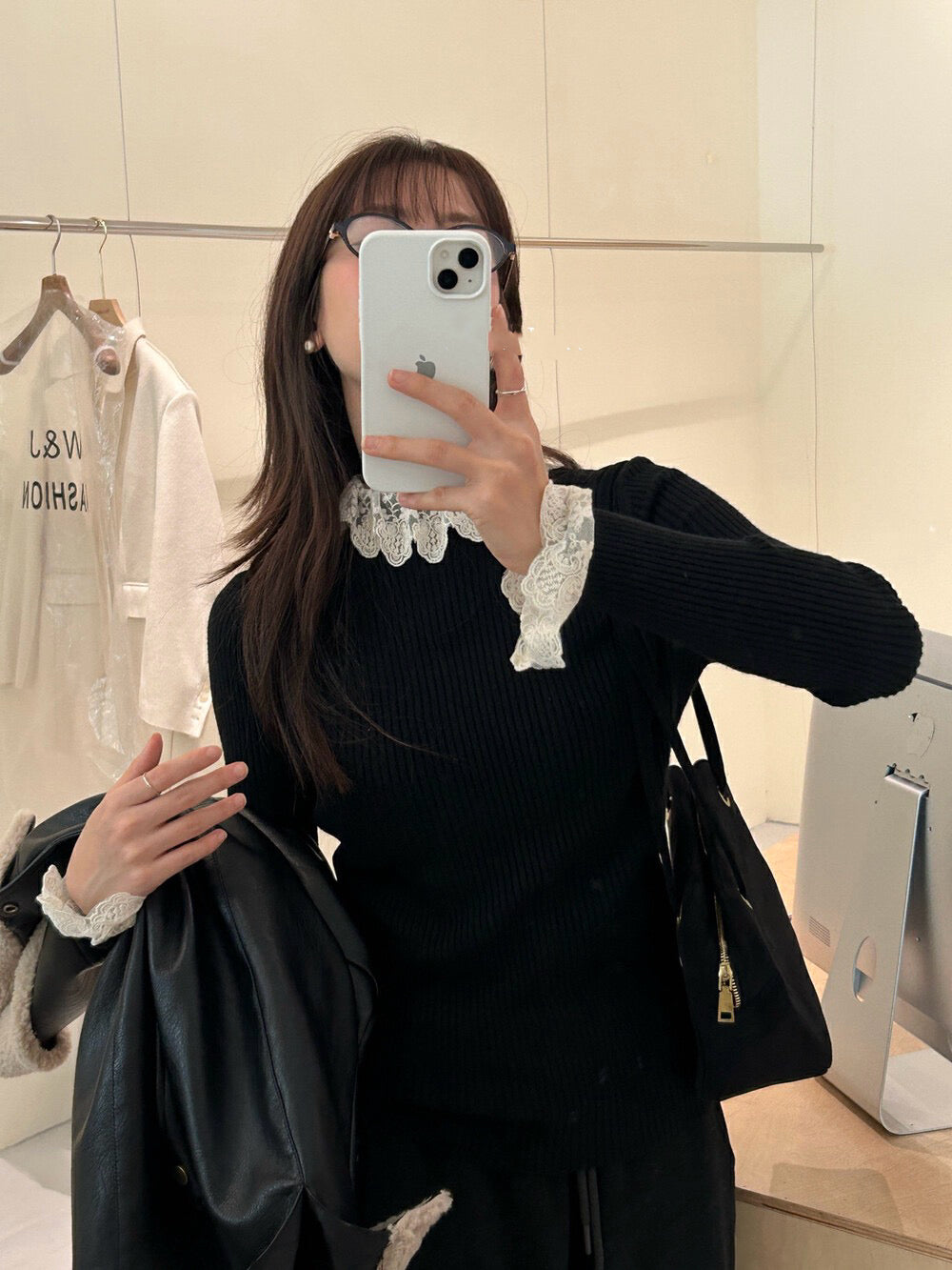 ハイネックレース切り替えトップス