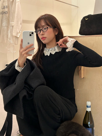 ハイネックレース切り替えトップス