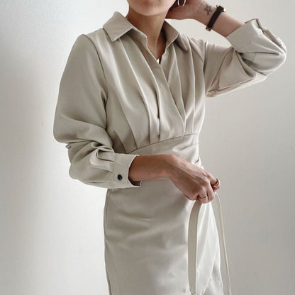 Polo領收腰褶皺連身裙