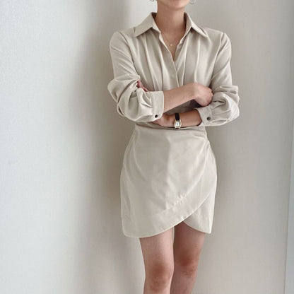 Polo領收腰褶皺連身裙