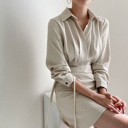 Polo領收腰褶皺連身裙