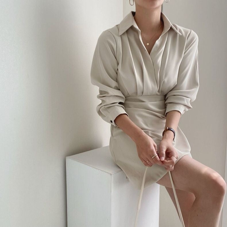 Polo領收腰褶皺連身裙