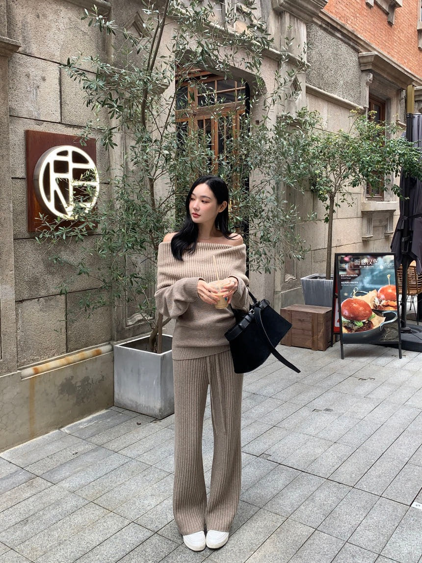 Off-the-Shoulder Sweater + Knit Pants Set