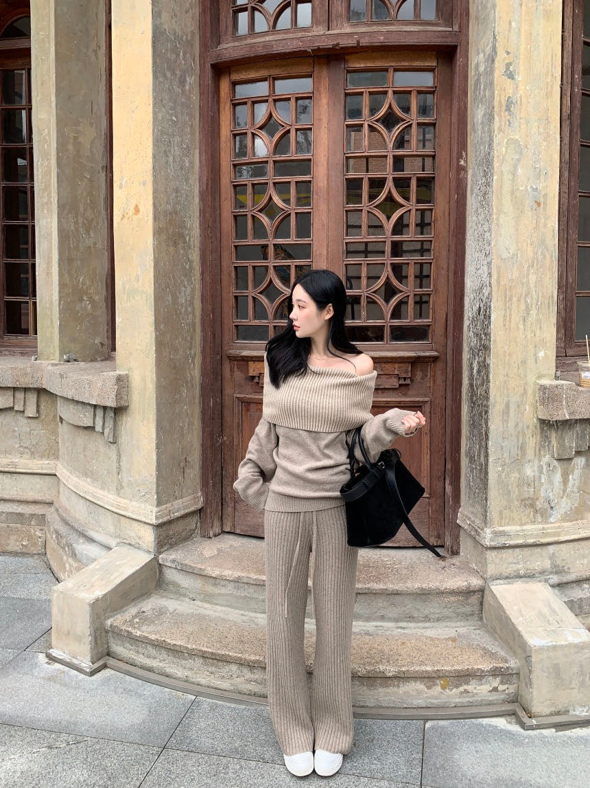 Off-the-Shoulder Sweater + Knit Pants Set