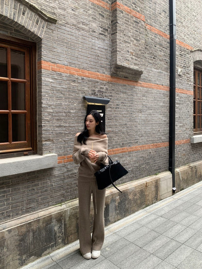 Off-the-Shoulder Sweater + Knit Pants Set