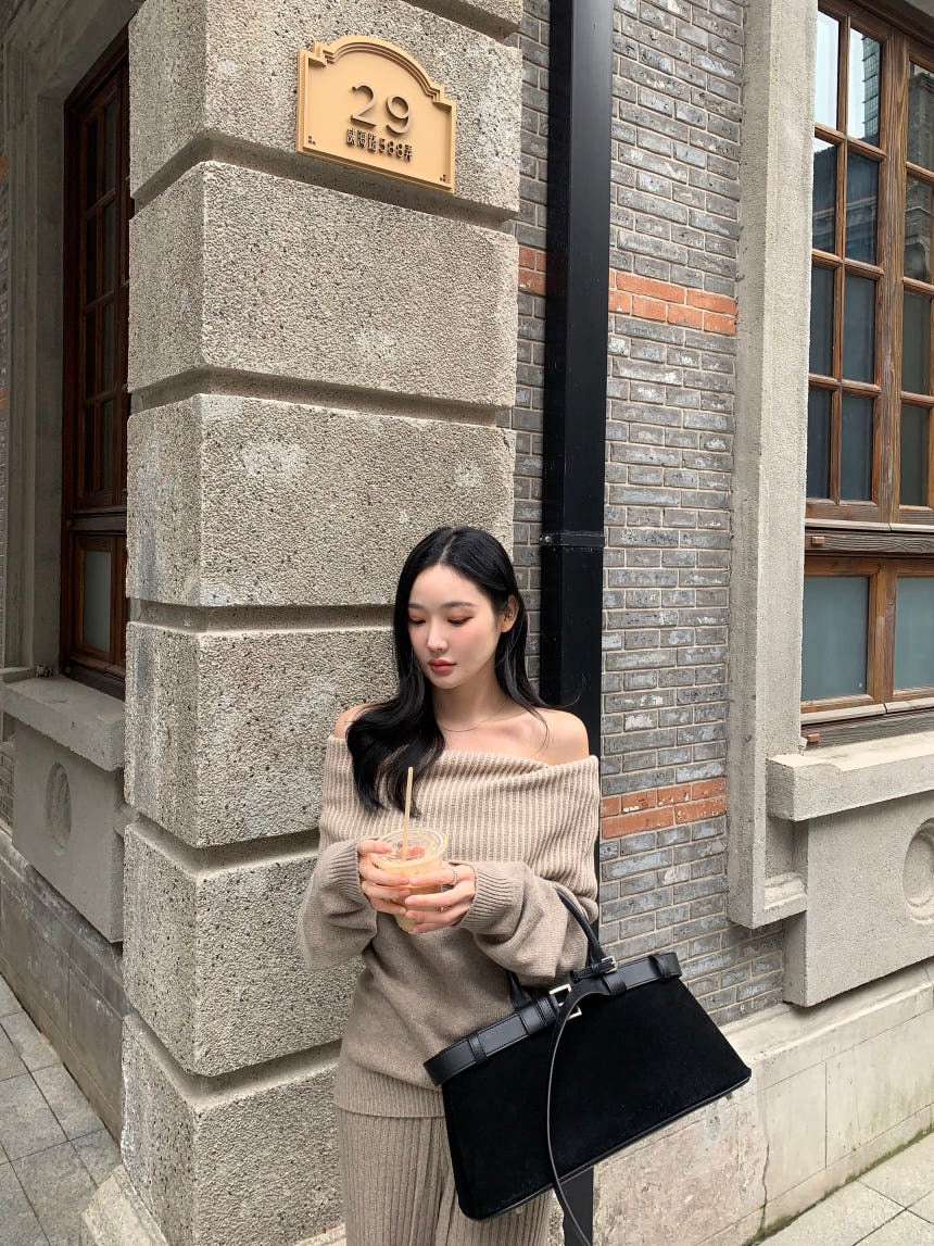 Off-the-Shoulder Sweater + Knit Pants Set