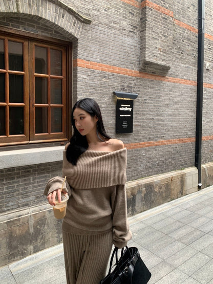 Off-the-Shoulder Sweater + Knit Pants Set