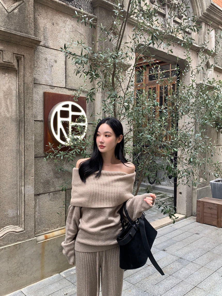 Off-the-Shoulder Sweater + Knit Pants Set