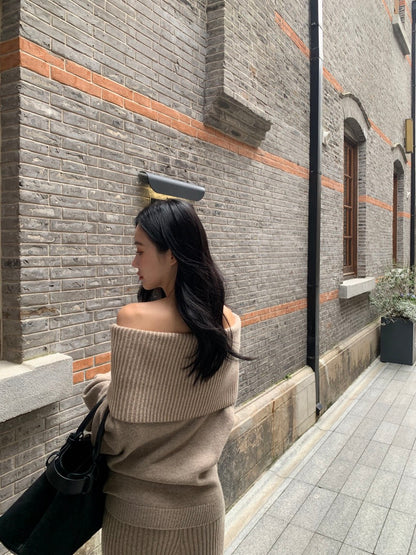 Off-the-Shoulder Sweater + Knit Pants Set
