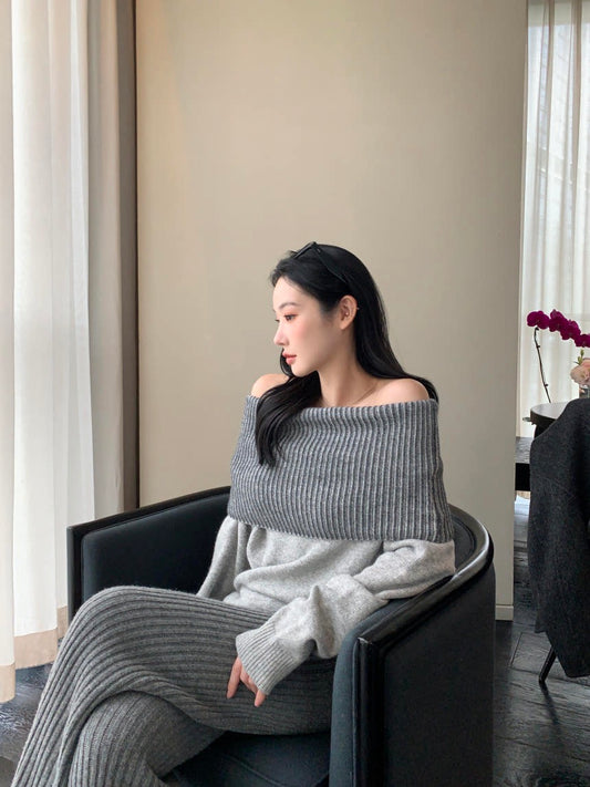 Off-the-Shoulder Sweater + Knit Pants Set