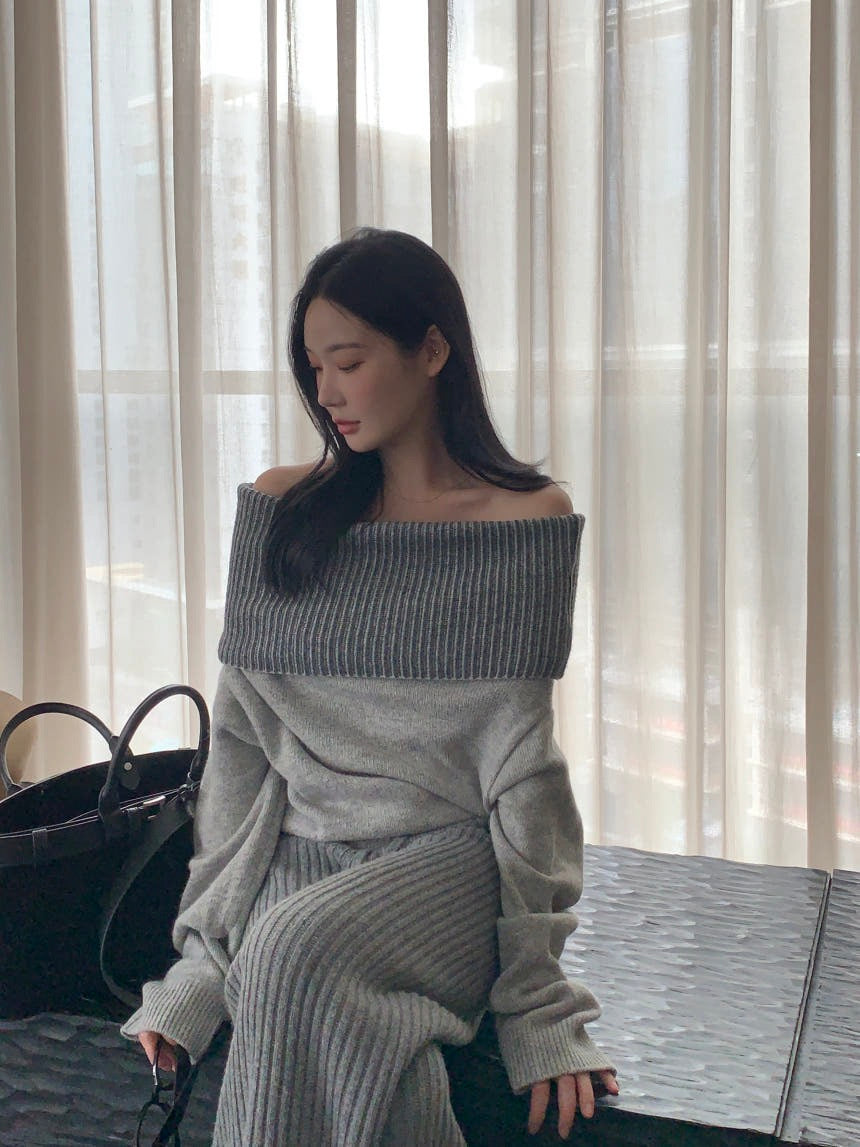 Off-the-Shoulder Sweater + Knit Pants Set