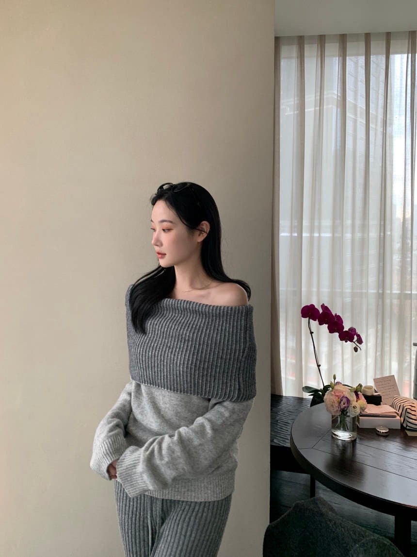 Off-the-Shoulder Sweater + Knit Pants Set