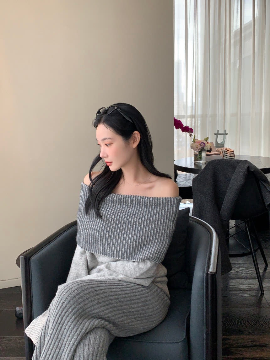 Off-the-Shoulder Sweater + Knit Pants Set