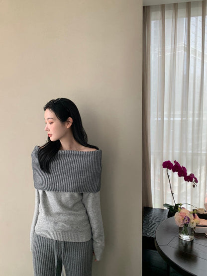 Off-the-Shoulder Sweater + Knit Pants Set