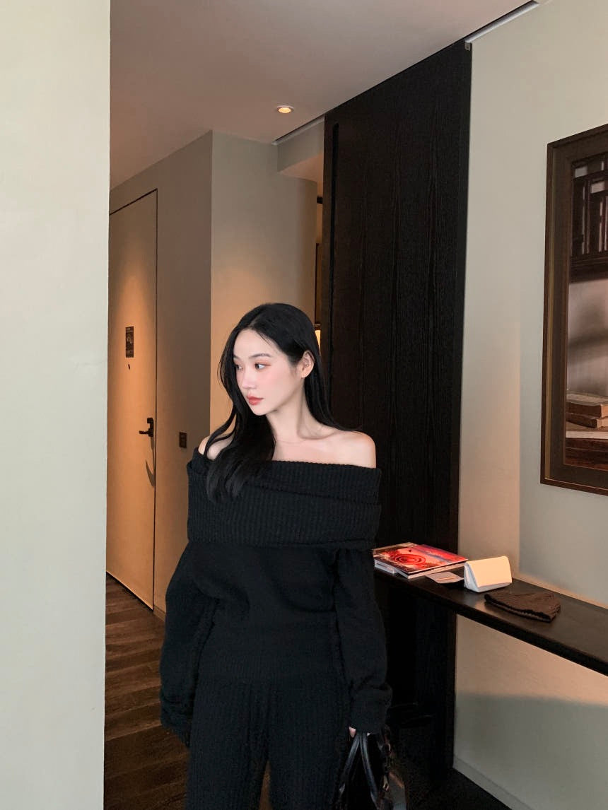 Off-the-Shoulder Sweater + Knit Pants Set