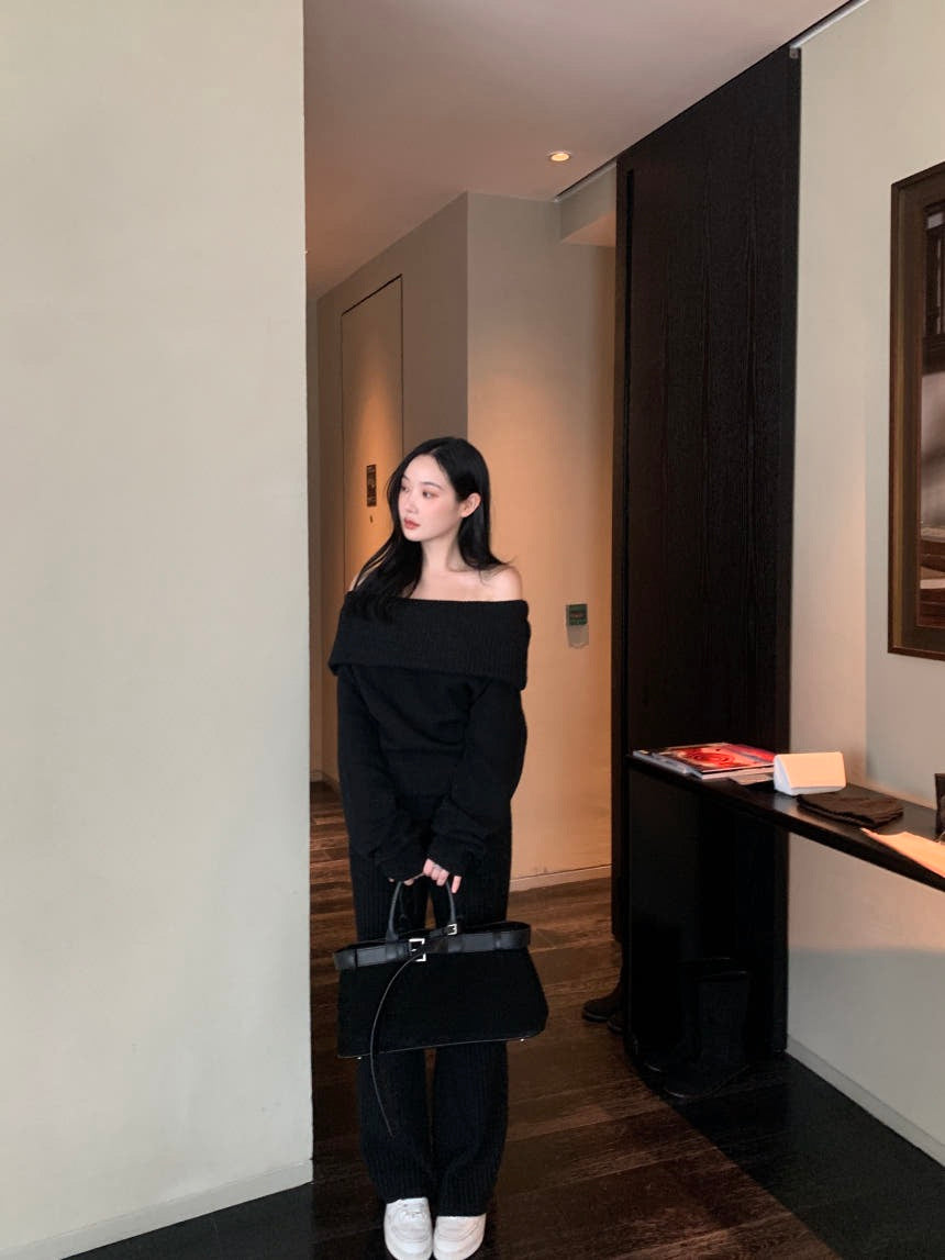 Off-the-Shoulder Sweater + Knit Pants Set