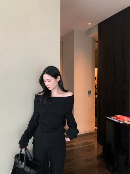 Off-the-Shoulder Sweater + Knit Pants Set
