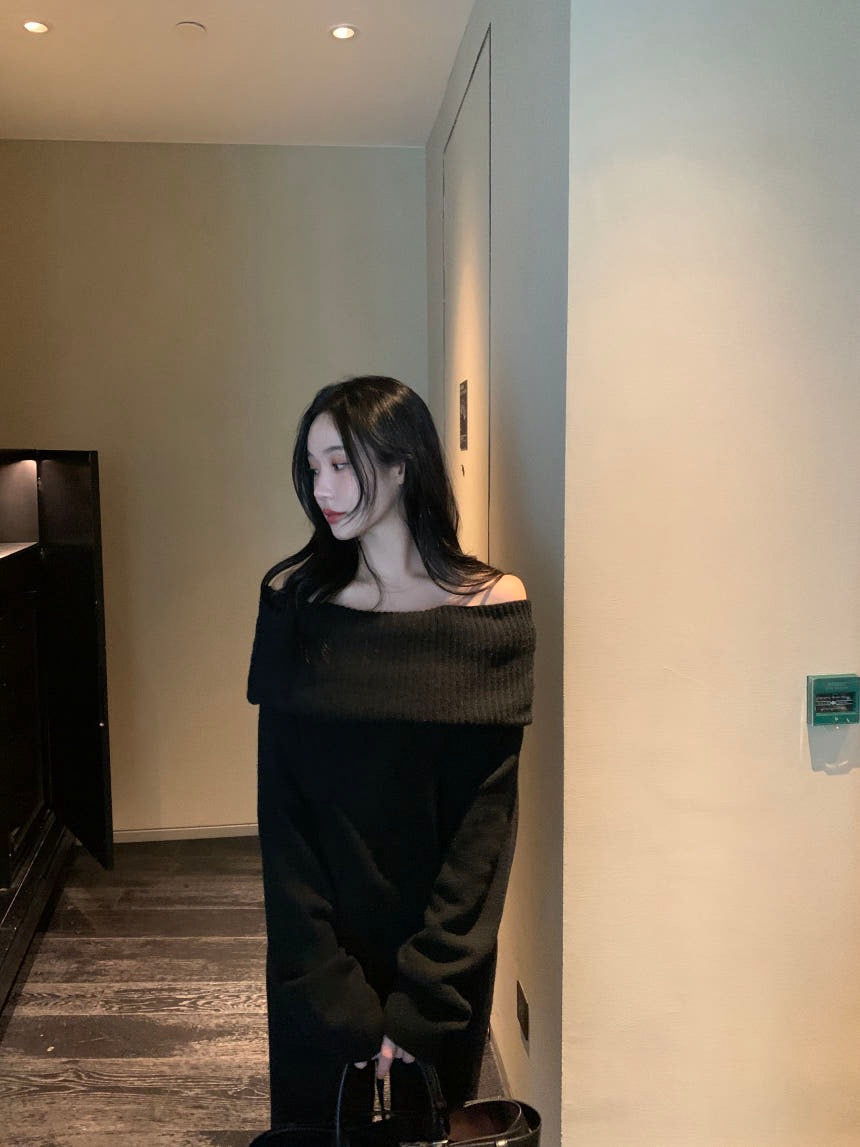 Off-the-Shoulder Sweater + Knit Pants Set