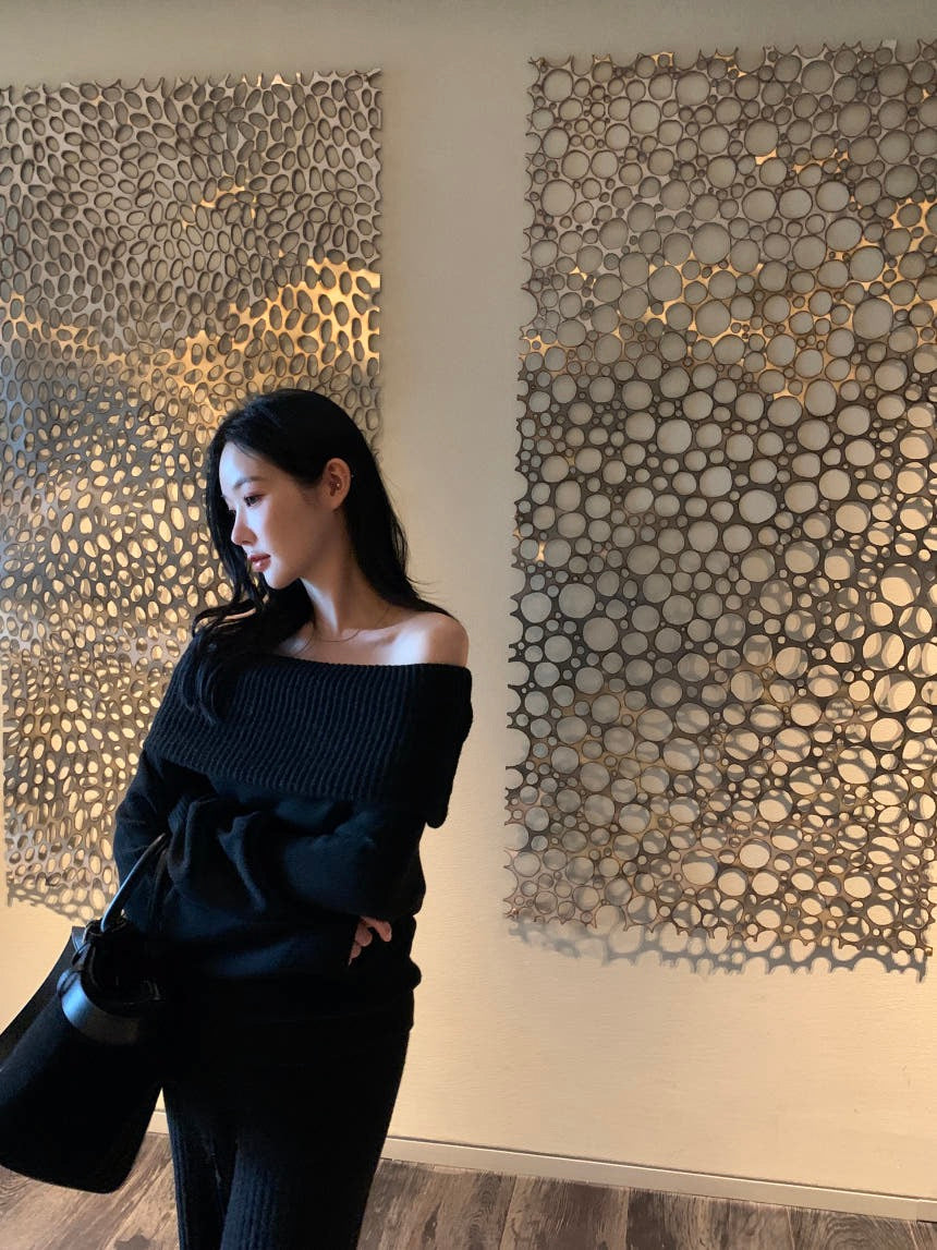 Off-the-Shoulder Sweater + Knit Pants Set