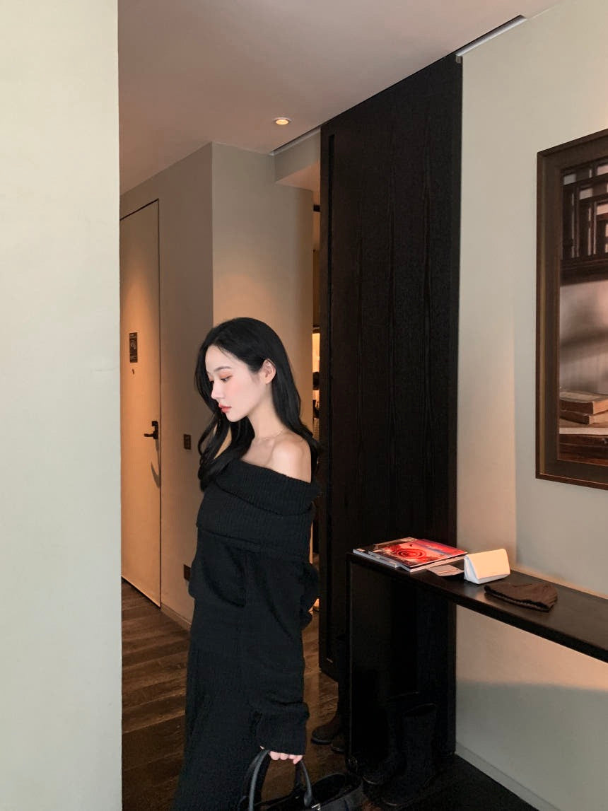 Off-the-Shoulder Sweater + Knit Pants Set