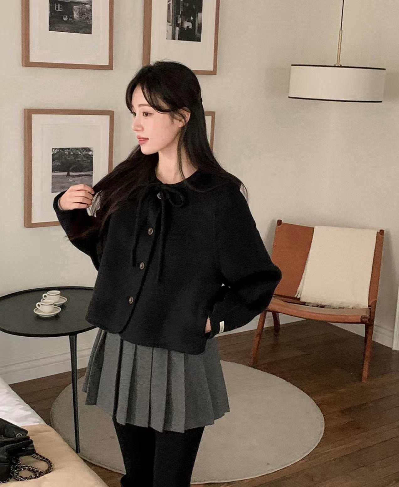 圓領蝴蝶結系帶呢短外套