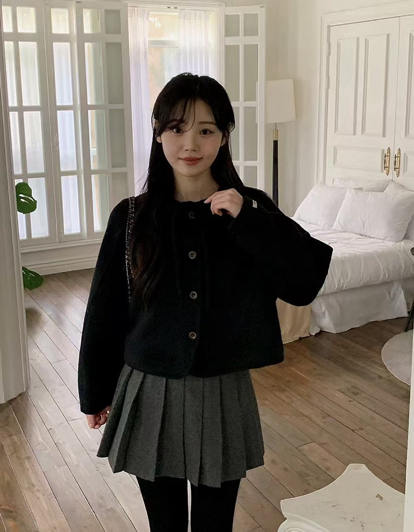 圓領蝴蝶結系帶呢短外套