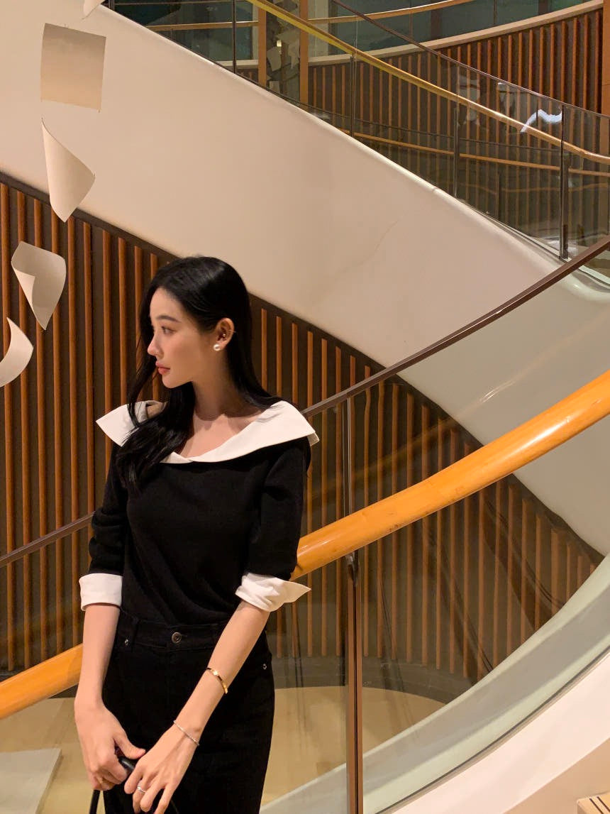 Color-blocked Ruffle Trim Faux Two-piece Top