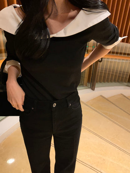 Color-blocked Ruffle Trim Faux Two-piece Top