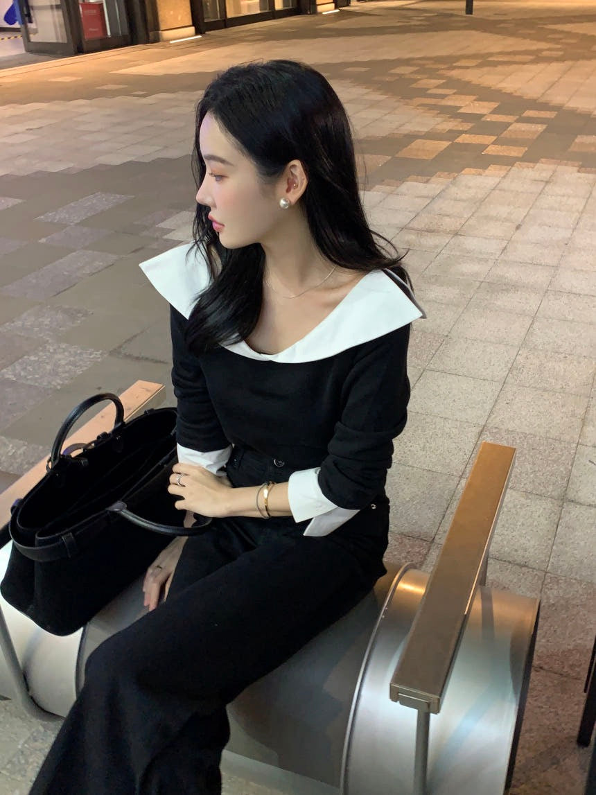 Color-blocked Ruffle Trim Faux Two-piece Top