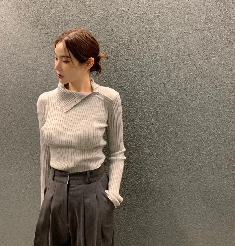 Irregular Neck Long Sleeve Knitted Top