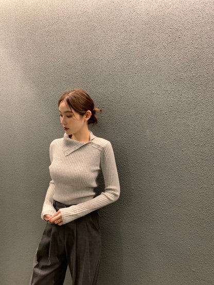 Irregular Neck Long Sleeve Knitted Top