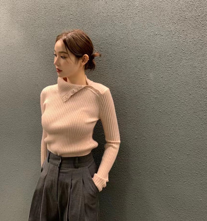 Irregular Neck Long Sleeve Knitted Top